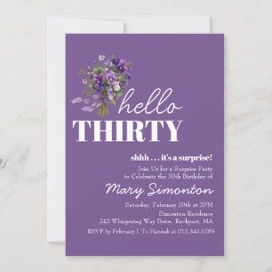 Invitación FIESTA DE SORPRESA Cumpleaños 30 Ramo Floral Púrpu