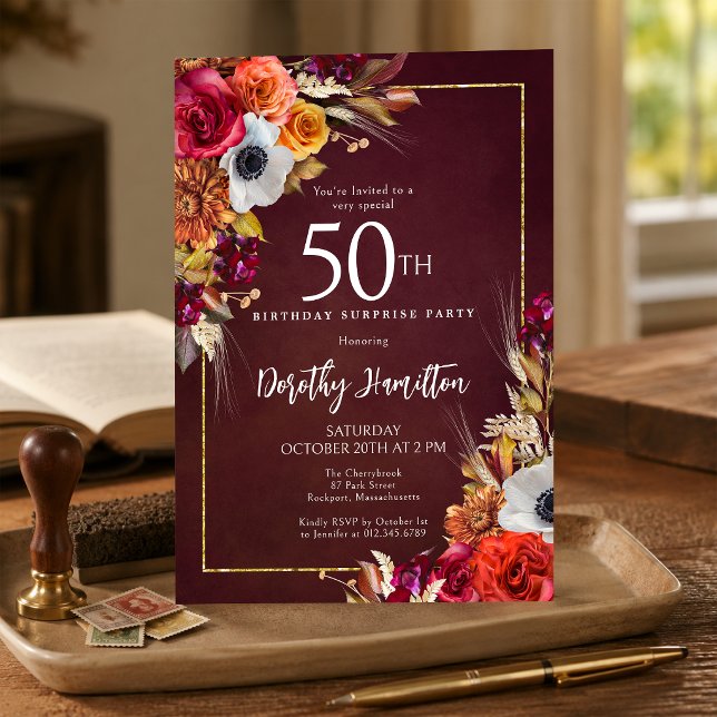 Invitación FIESTA DE SORPRESA Cumpleaños 50 Flores de Otoño B (Subido por el creador)