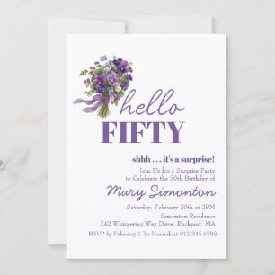 Invitación FIESTA DE SORPRESA Cumpleaños 50 Ramo Floral Púrpu
