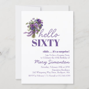 Invitación FIESTA DE SORPRESA Cumpleaños 60 Ramo Floral Púrpu