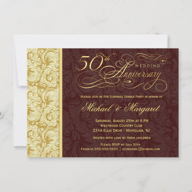 Invitación fiesta de sorpresa de 50 años - Damasco de oro (Anverso)