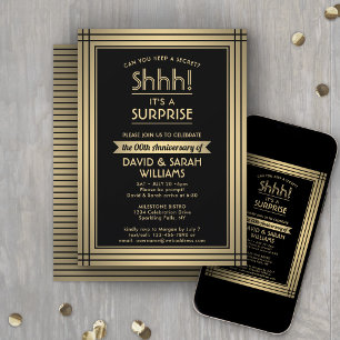 Invitación Fiesta de Sorpresa de Aniversario Elegante Negro y