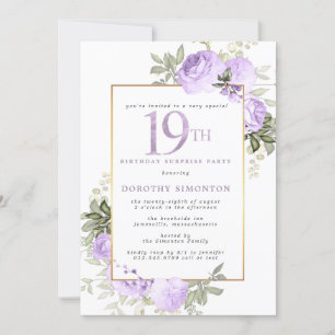 Invitación Fiesta de sorpresa de cumpleaños 19 Purple Gold Fl