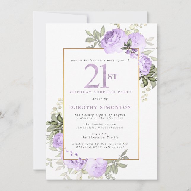 Invitación Fiesta de sorpresa de cumpleaños 21st Purple Gold  (Anverso)