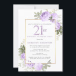 Invitación Fiesta de sorpresa de cumpleaños 21st Purple Gold<br><div class="desc">Honre a una mujer especial con esta elegante y femenina invitación sorpresa de cumpleaños número 21. El 21 está escrito en un gran texto morado. Sigue el Fiesta de la sorpresa de cumpleaños. El nombre de la clientela distinguida también está escrito en letras mayúsculas moradas. El resto del texto es...</div>
