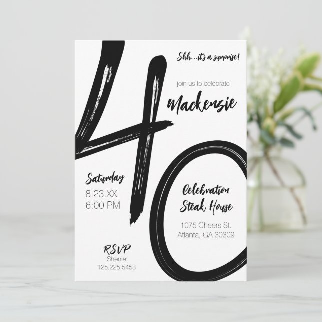 Invitación Fiesta de sorpresa de cumpleaños 40 con pincel neg (Anverso de pie)