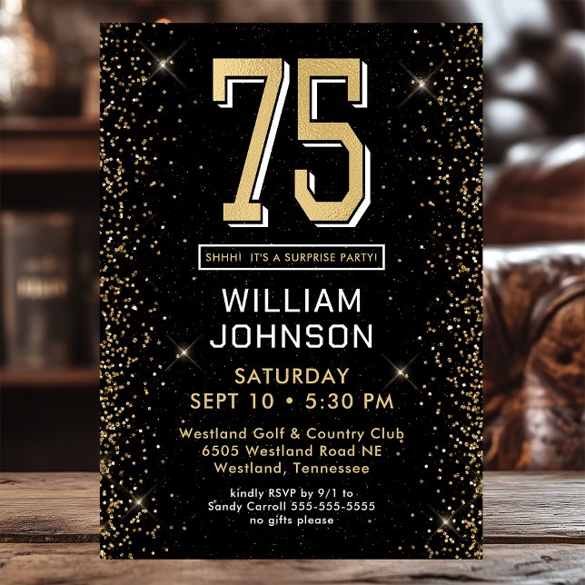 Invitación Fiesta de sorpresa de cumpleaños 75 negro moderno (Subido por el creador)