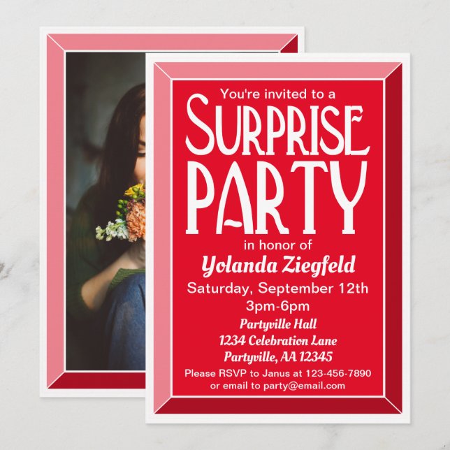 Invitación Fiesta de sorpresa de cumpleaños con foto de Art D (Anverso / Reverso)
