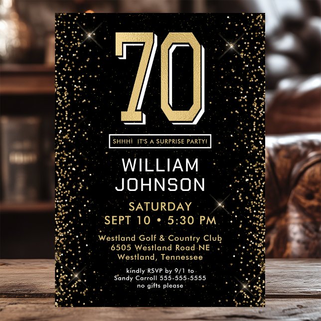 Invitación Fiesta de sorpresa de foto de cumpleaños 70 negro  (Subido por el creador)