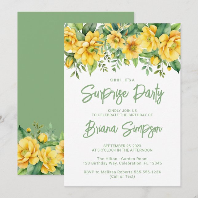 Invitación Fiesta de sorpresa de la floral verde amarilla (Anverso / Reverso)