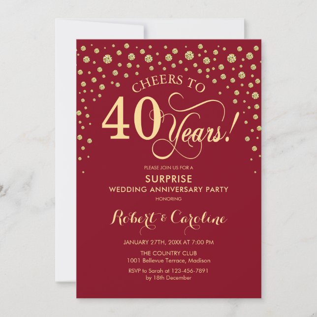 Invitación Fiesta de Sorpresa del 40 Aniversario de Ruby Red  (Anverso)
