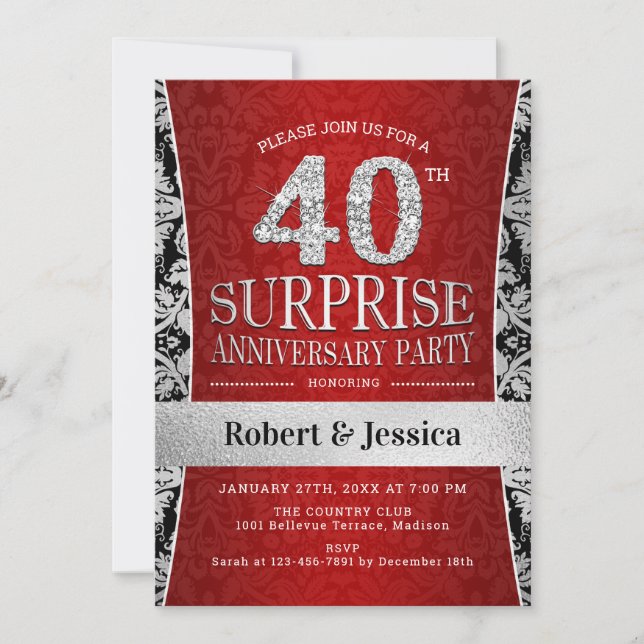 Invitación Fiesta de Sorpresa del 40 Aniversario - Plata Rojo (Anverso)