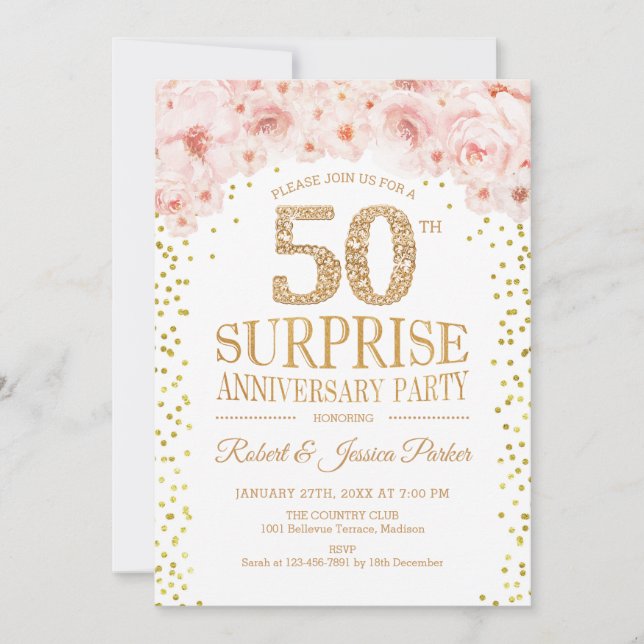 Invitación Fiesta de Sorpresa del 50 Aniversario - Oro Blanco (Anverso)