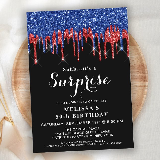 Invitación Fiesta de sorpresa del Purpurina azul rojo patriót (Subido por el creador)