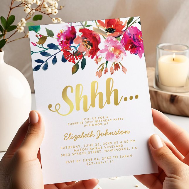 Invitación Fiesta de Sorpresa Elegante Floral en Oro Blanco (Subido por el creador)
