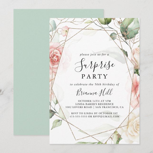 Invitación Fiesta de Sorpresa Floral de Foliage Verde de Oro  (Anverso / Reverso)