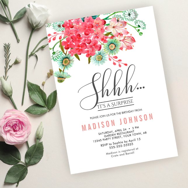 Invitación Fiesta de Sorpresa Floral Elegante – Shhh Fiesta S (Wild Flowers | Birthday Surprise Party Invitation)