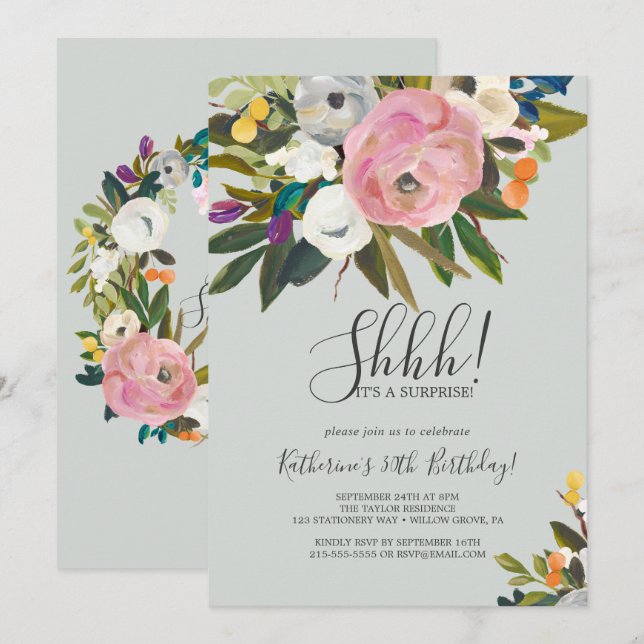 Invitación Fiesta De Sorpresa Floral Pintado (Anverso / Reverso)
