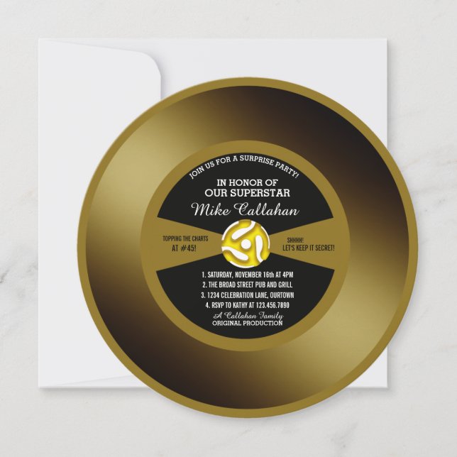 Invitación Fiesta de sorpresa Gold Record Vinyl 45 (Anverso)