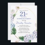 Invitación Fiesta de sorpresa Hydrangea Rosa 21º cumpleaños<br><div class="desc">Flores de hortensias azules y rosas de flores ruidosos decoran un marco oval dorado. Un botánico moderno abierto y aireado.</div>