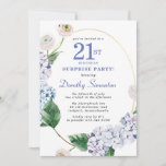 Invitación Fiesta de sorpresa Hydrangea Rosa 21º cumpleaños<br><div class="desc">Flores de hortensias azules y rosas de flores ruidosos decoran un marco oval dorado. Un botánico moderno abierto y aireado.</div>