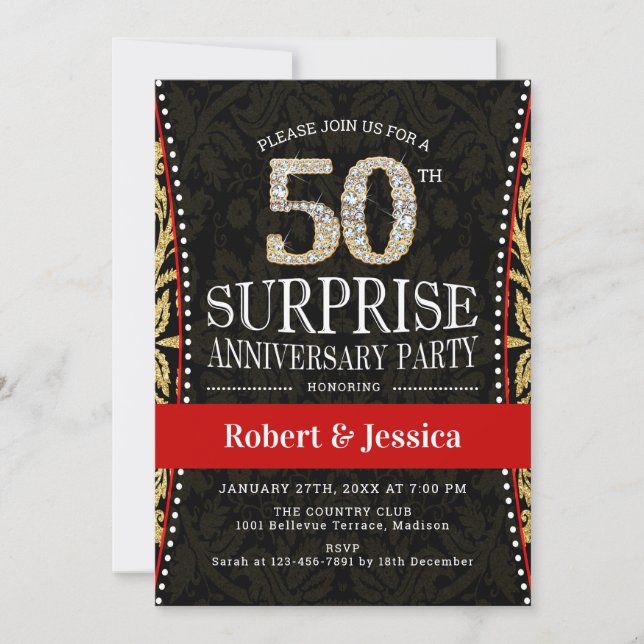 Invitación Fiesta de Sorpresa por el 50 Aniversario - Dorado  (Anverso)