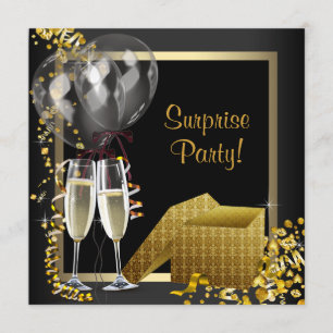 Invitación Fiesta de sorpresas Black Gold de Champagne Confet