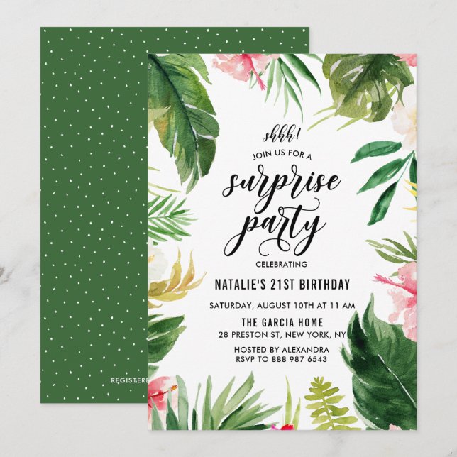 Invitación Fiesta de sorpresas del marco floral tropical acuá (Anverso / Reverso)