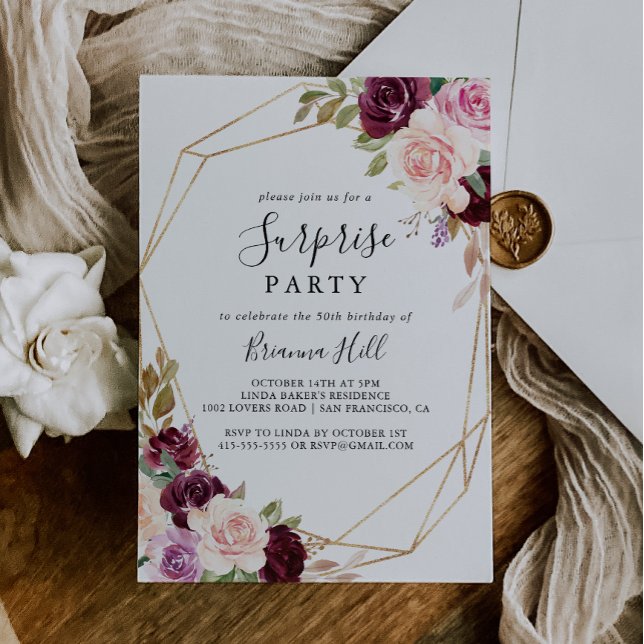 Invitación Fiesta de sorpresas florales geométricas de oro (Subido por el creador)