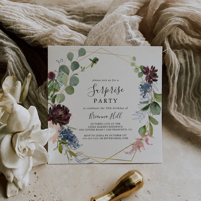 Invitación Fiesta de sorpresas geométricas de oro de Borgoña (Subido por el creador)