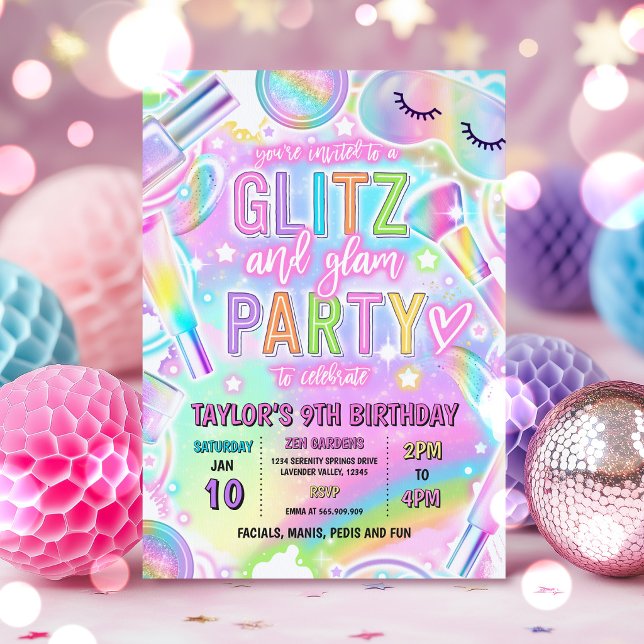 Invitación Fiesta de Spa Arcoíris Glow Maquillaje Mimar Cumpl (Subido por el creador)