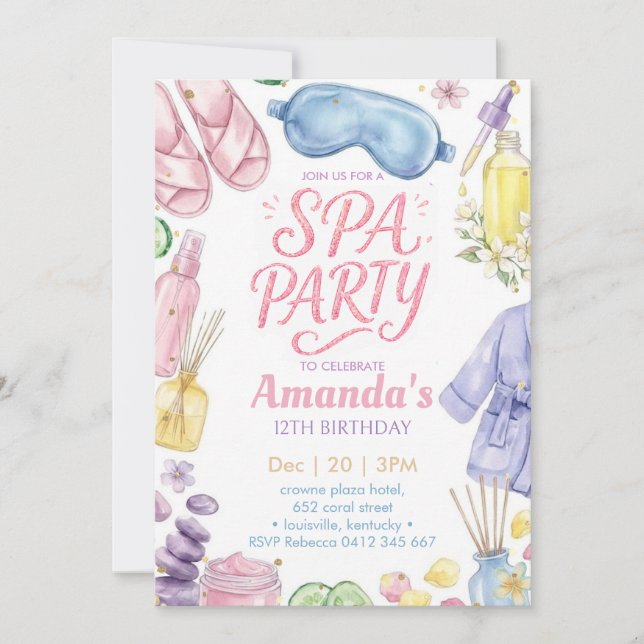 Invitación Fiesta de Spa Cumpleaños de Spa (Anverso)