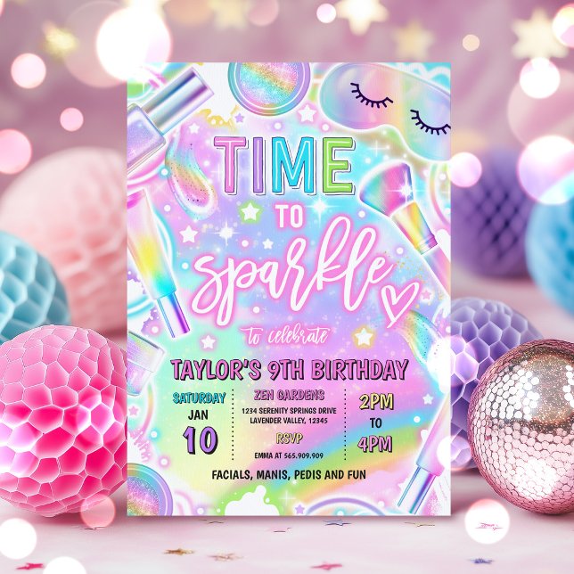 Invitación Fiesta de Spa de Arcoíris Brillo Maquillaje Mimar  (Subido por el creador)