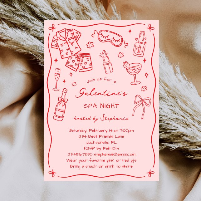Invitación Fiesta de Spa de Galentines Rosa Rojo Caprichosa D (Subido por el creador)