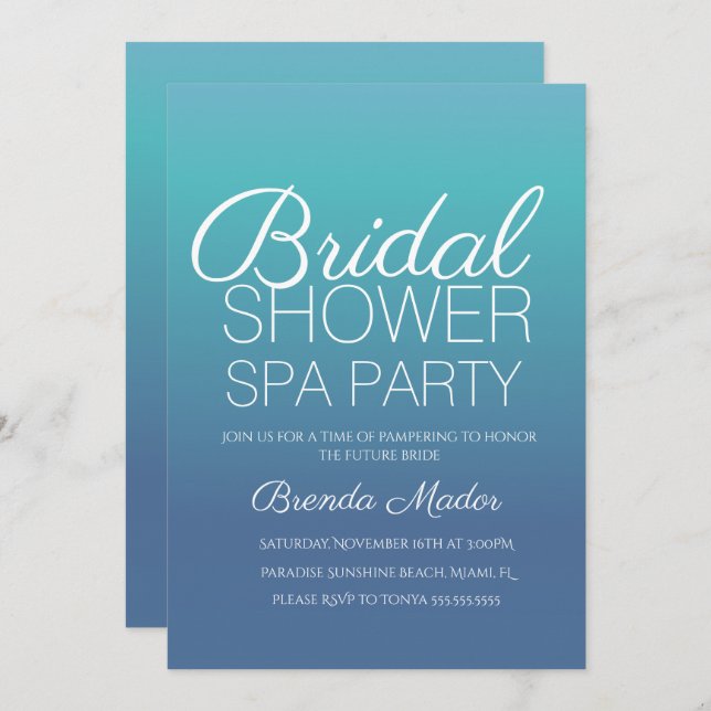 Invitación Fiesta de spa de ombre azul simple mínimo  ducha d (Anverso / Reverso)