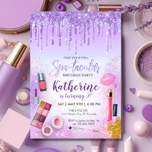 Invitación Fiesta de Spa Glam Girl Cumpleaños Salón Púrpura