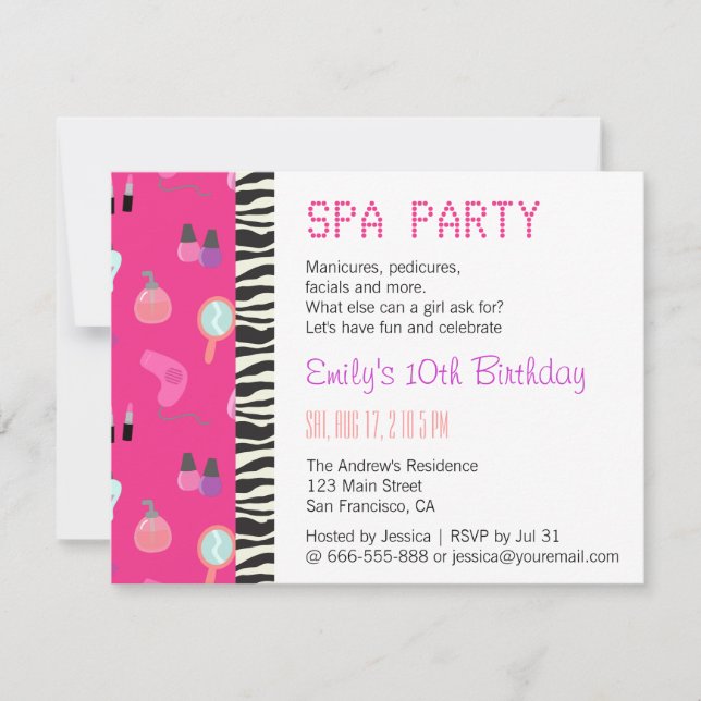 Invitación Fiesta de Spa Mimado, Para Chicas (Anverso)
