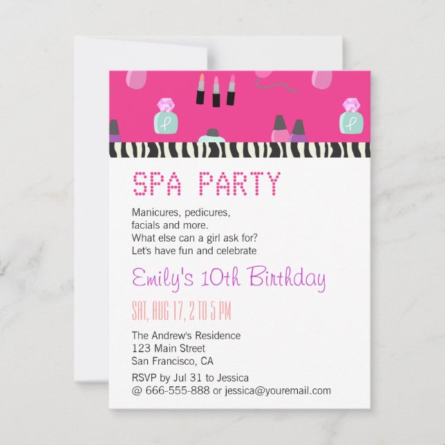 Invitación Fiesta de Spa Mimado, Para Chicas (Anverso)