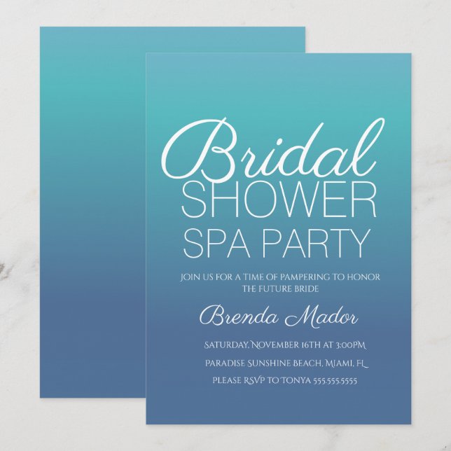 Invitación Fiesta de spa minimalista simple con ombre azul pa (Anverso / Reverso)