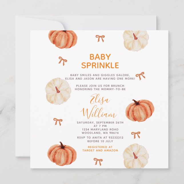 Invitación Fiesta de Sprinkle de Bebé Calabaza Blanca Rústica (Anverso)