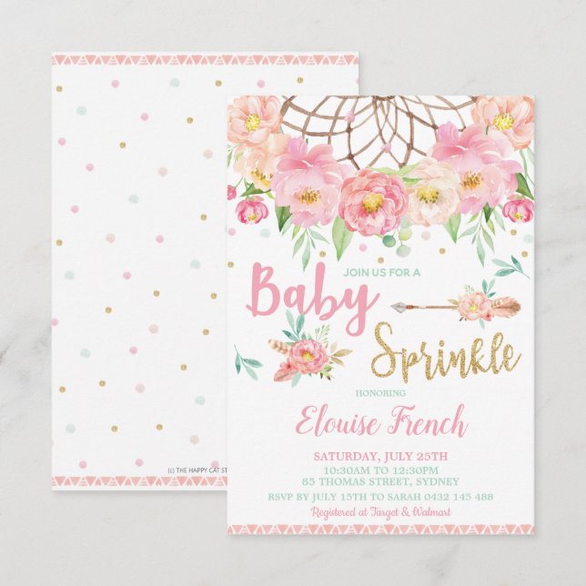 Invitación Fiesta de Sprinkle de Bebé Floral Boho Soñador (Anverso / Reverso)
