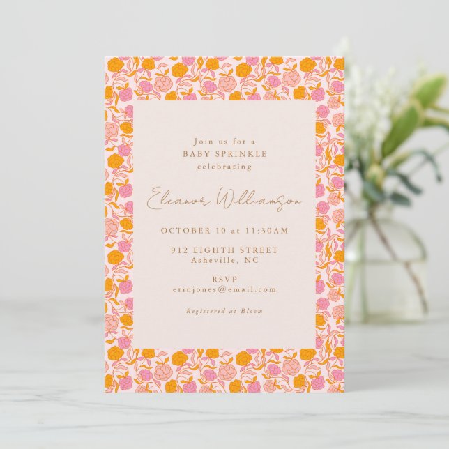 Invitación Fiesta de Sprinkle de Bebé Floral Retro Boho Rosa  (Anverso de pie)