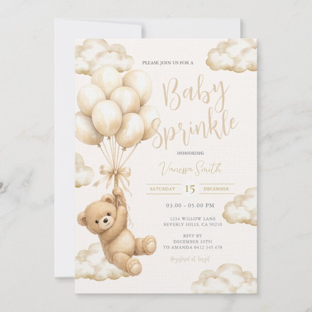 Invitación Fiesta de Sprinkle de Bebé Neutral con Oso (Anverso)