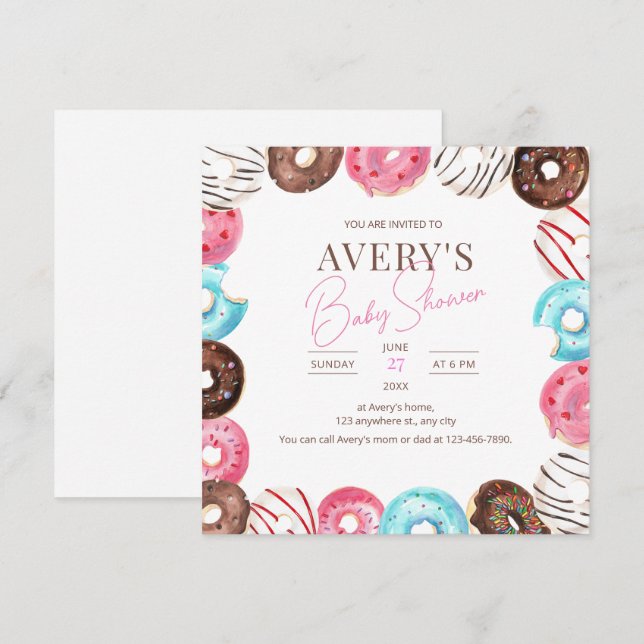 Invitación Fiesta de Sprinkle de Donuts para Baby Shower Rosa (Anverso / Reverso)