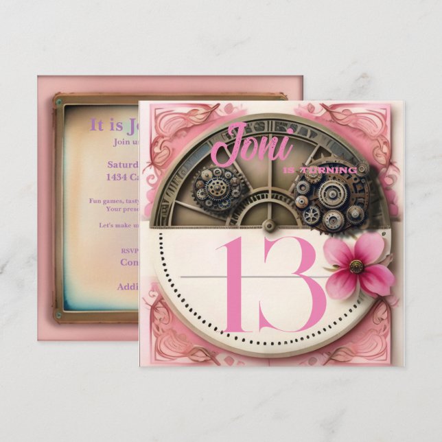 Invitación Fiesta de Steampunk Rosado (Anverso / Reverso)