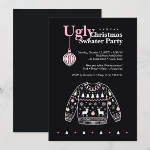 Invitación Fiesta de Suéter de Navidad Feo Negro Rosa TMF26