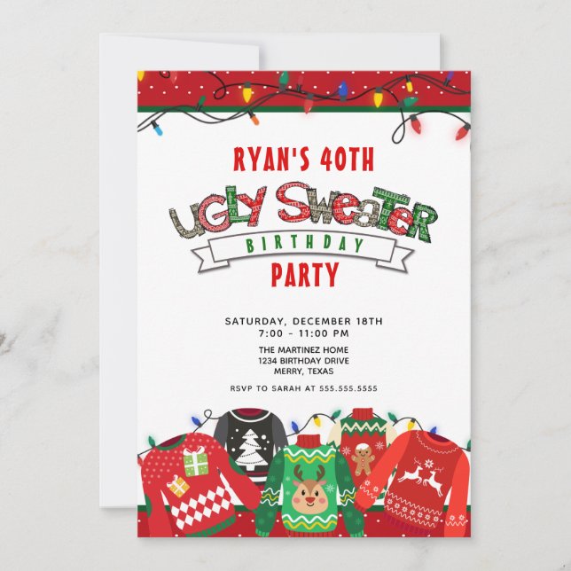 Invitación Fiesta de suéter feo 40 cumpleaños (Anverso)