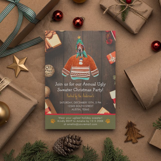 Invitación Fiesta de suéter feo de Basset Hound en vacaciones (Front)