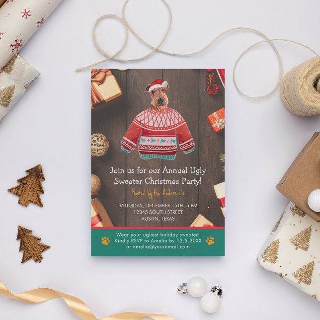 Invitación Fiesta de suéter feo de perro Airedale en Navidad (Front)