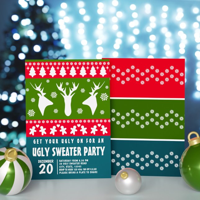 Invitación Fiesta de suéter feo de reno azul rojo y verde (Blue Red and Green Reindeer Ugly Sweater Party Invitation)